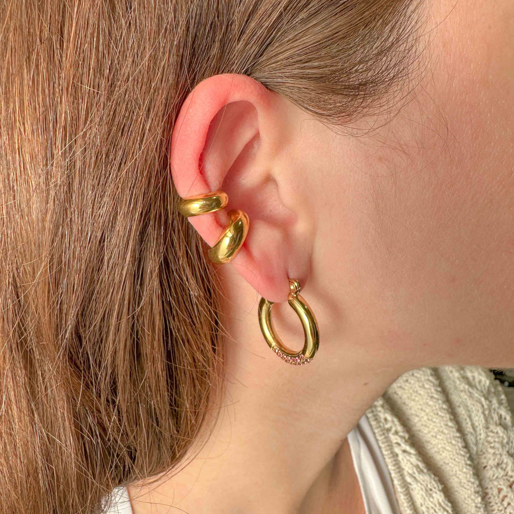 Σκουλαρίκια Κρίκοι με Ροζ Στρας – Ανοξείδωτο Ατσάλι 316L – Χρυσό