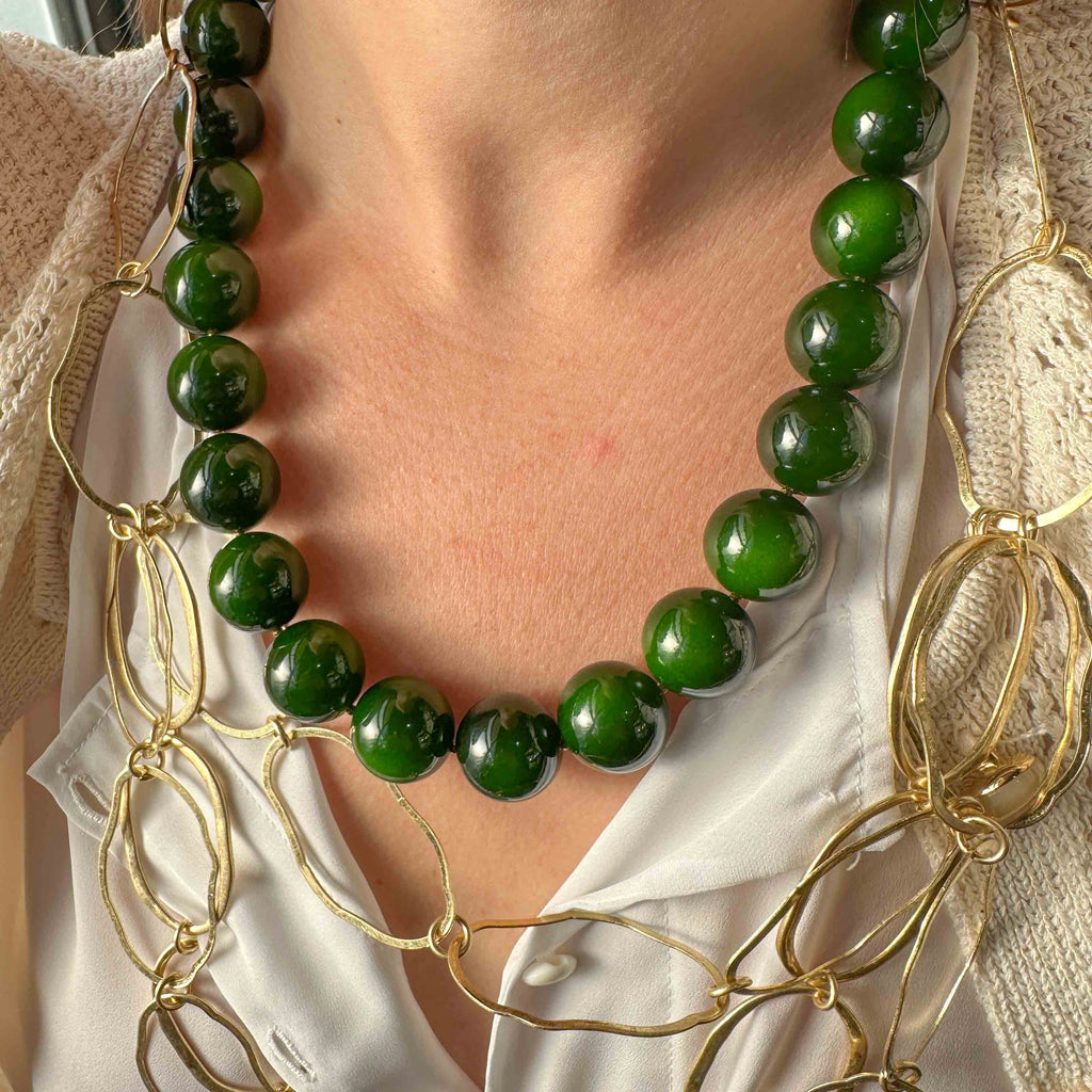 Κολιέ με Μεγάλες Πράσινες Χάντρες και Κούμπωμα με Glitter