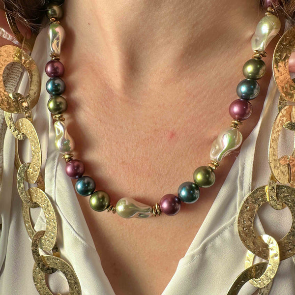 Κολιέ με Πολύχρωμες Πέρλες Και Αιματίτες