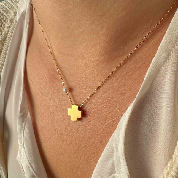 Κολιέ με Σταυρό & Πέρλα – Χρυσή Αλυσίδα από Ανοξείδωτο Ατσάλι