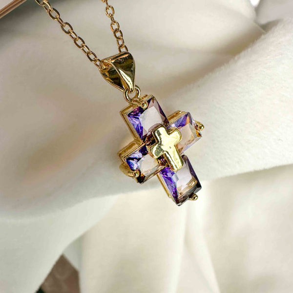 Ατσάλινη Αλυσίδα με Σταυρό από Μωβ Κρύσταλλο