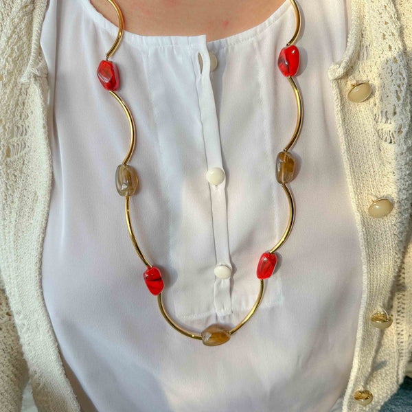 Κολιέ Με Δέρμα Καφέ, Επίχρυσες Μπάρες Color Pop σε Κόκκινο & Καραμελί