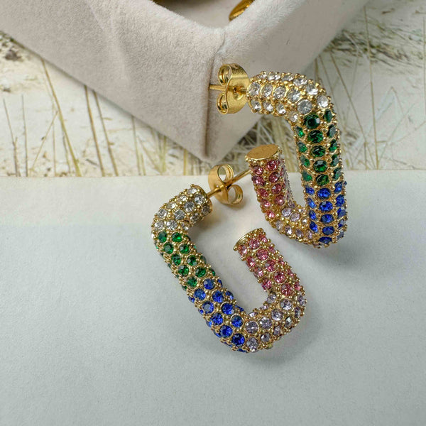 Χρυσοί Σκουλαρίκια με Πολύχρωμα Ζιργκόν σε Γεωμετρικό Σχήμα