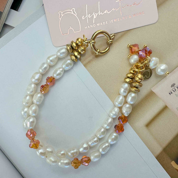 Βραχιόλι διπλό Με Μαργαριτάρια Καλλιέργειας και κρύσταλλα