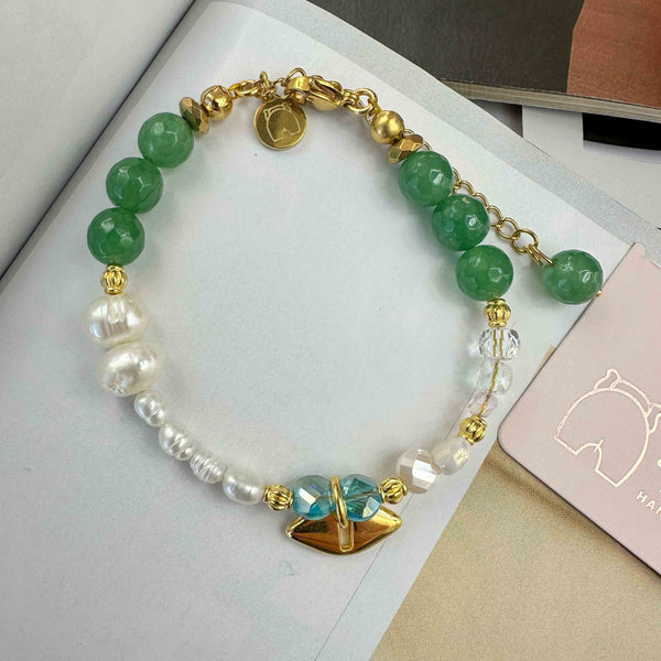 Χειροποίητο βραχιόλι Μαργαριτάρια Καλλιέργειας, Αχάτες, Κρύσταλλα και Επίχρυσο Στοιχείο