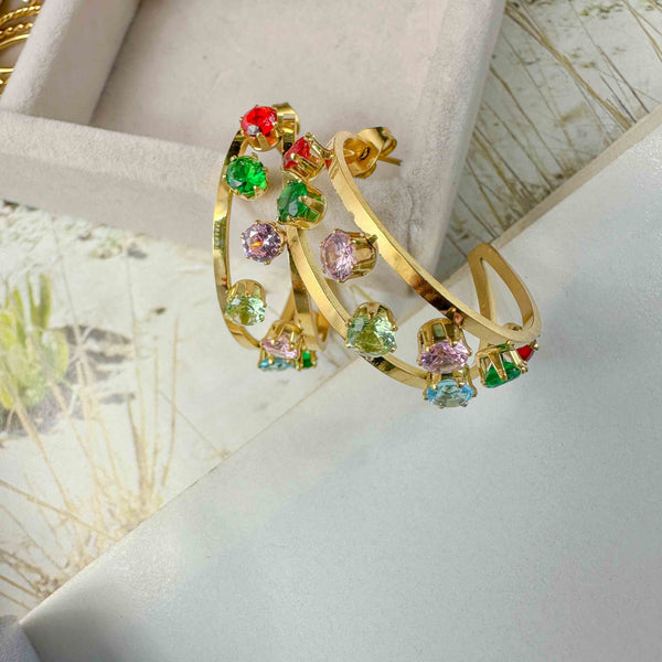 Σκουλαρίκια Κρίκοι από Ανοξείδωτο Ατσάλι με Πολύχρωμες Πέτρες
