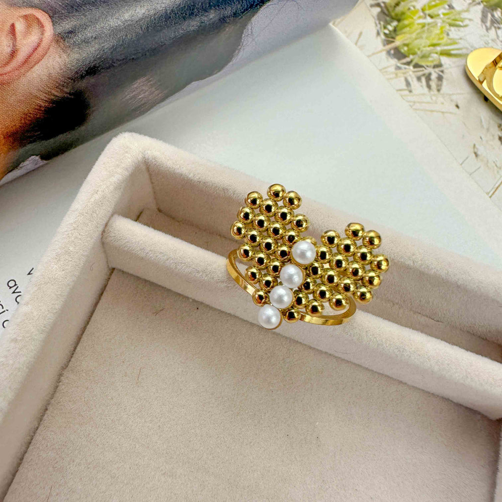 Ατσάλινο Δαχτυλίδι Καρδιά Pixel με Πέρλες – Ρυθμιζόμενο Επίχρυσο