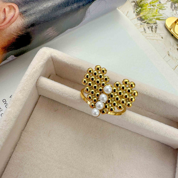 Ατσάλινο Δαχτυλίδι Καρδιά Pixel με Πέρλες – Ρυθμιζόμενο Επίχρυσο