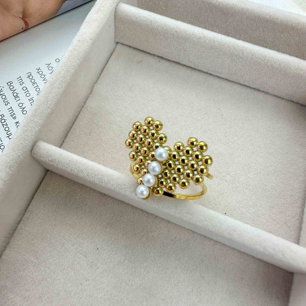 Ατσάλινο Δαχτυλίδι Καρδιά Pixel με Πέρλες – Ρυθμιζόμενο Επίχρυσο