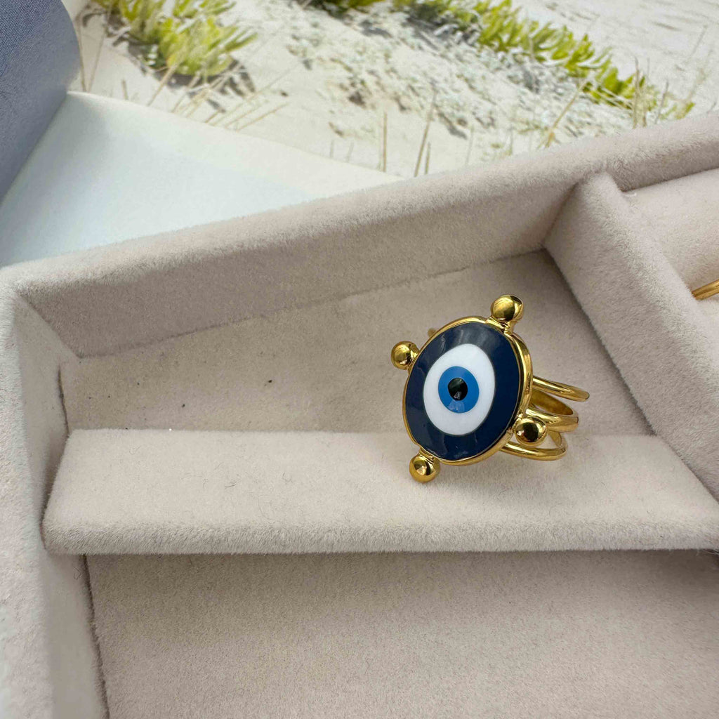 Ατσάλινο Δαχτυλίδι Χρυσό με Μάτι από Σμάλτο
