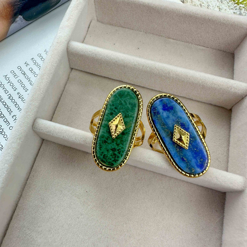 Ατσάλινα Δαχτυλίδια με Lapis Lazuli ή Μαλαχίτη – Ρυθμιζόμενα, Επίχρυσα
