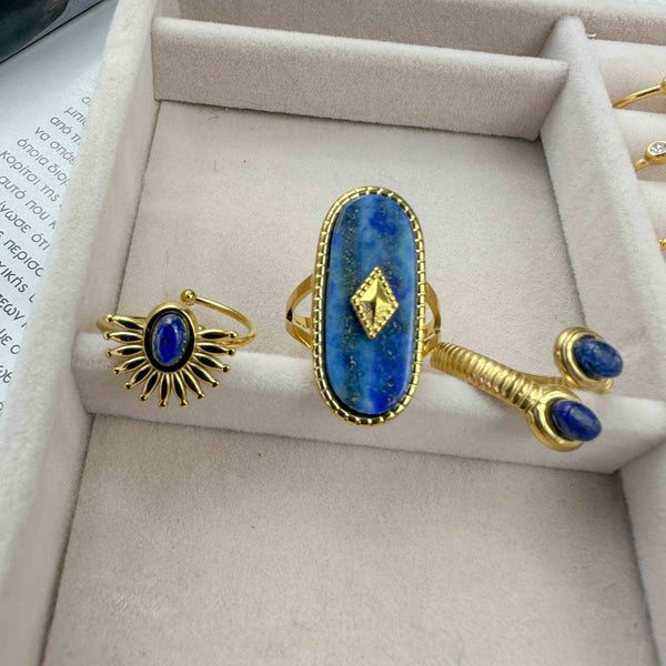 Ατσάλινο Δαχτυλίδι Ανοιχτού Τύπου με Lapis Lazuli – Ρυθμιζόμενο Επίχρυσο