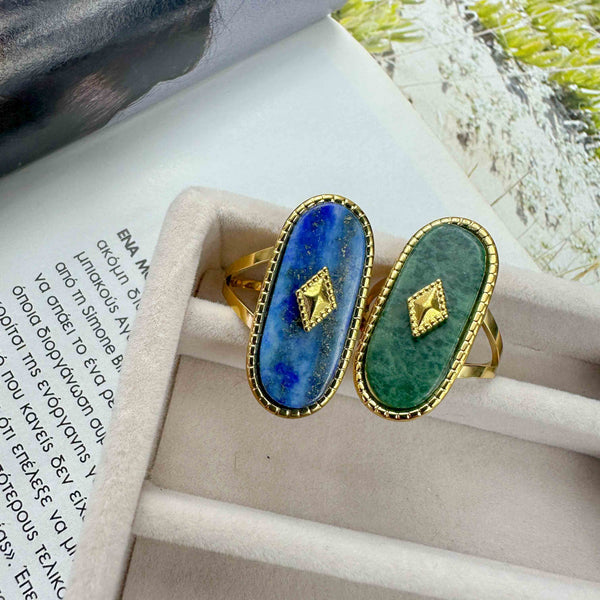 Ατσάλινα Δαχτυλίδια με Lapis Lazuli ή Μαλαχίτη – Ρυθμιζόμενα, Επίχρυσα