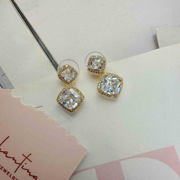 Σκουλαρίκια Επίχρυσα με Λευκά Κρύσταλλα Double Square