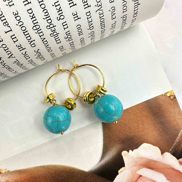 Σκουλαρίκια Κρίκοι με Τυρκουάζ Χαολίτες κι Επίχρυσα Στοιχεία