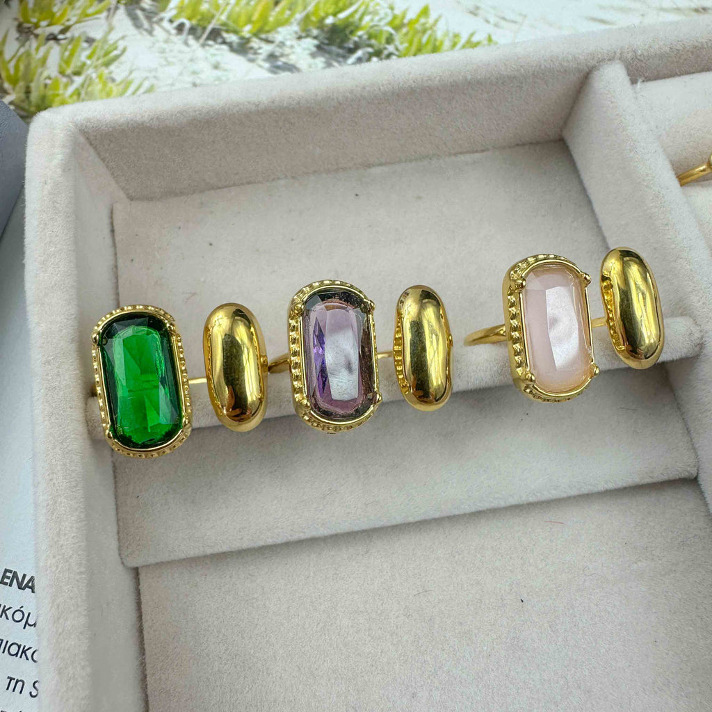 Ατσάλινο Χρυσό δαχτυλίδι με πολύχρωμες πέτρες – Πράσινο, Μωβ & Ροζ