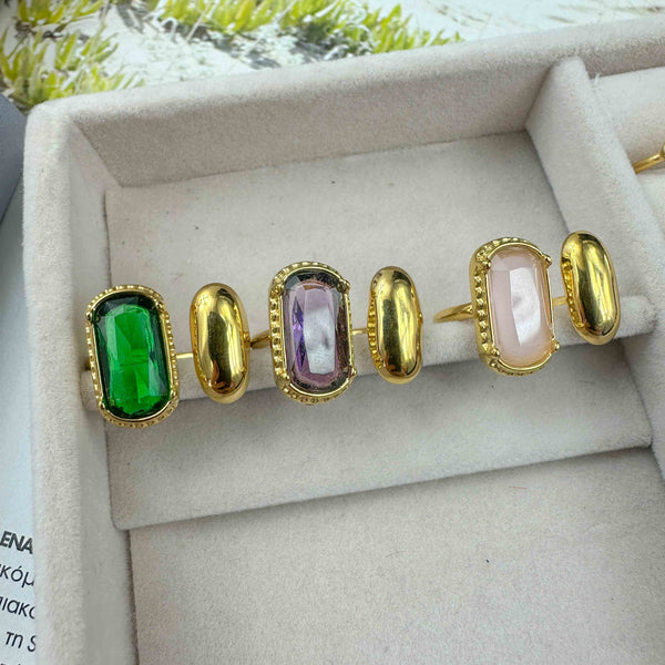 Ατσάλινο Χρυσό δαχτυλίδι με πολύχρωμες πέτρες – Πράσινο, Μωβ & Ροζ