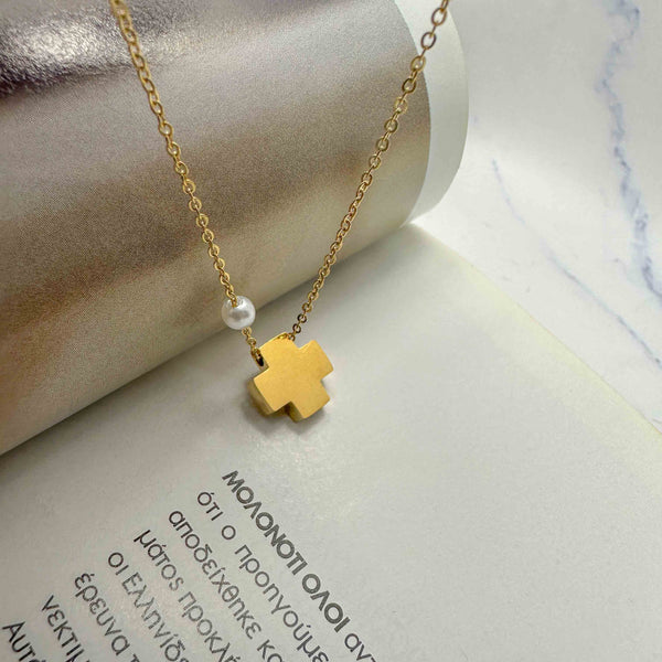 Κολιέ με Σταυρό & Πέρλα – Χρυσή Αλυσίδα από Ανοξείδωτο Ατσάλι