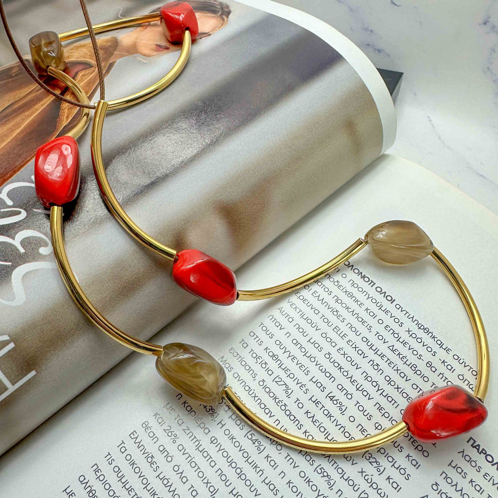 Κολιέ Με Δέρμα Καφέ, Επίχρυσες Μπάρες Color Pop σε Κόκκινο & Καραμελί