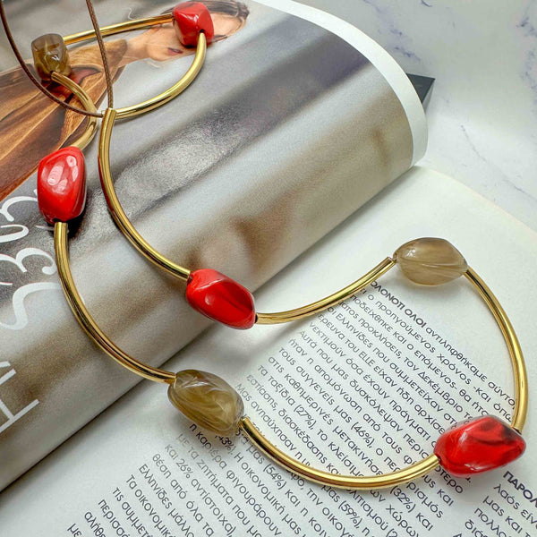 Κολιέ Με Δέρμα Καφέ, Επίχρυσες Μπάρες Color Pop σε Κόκκινο & Καραμελί