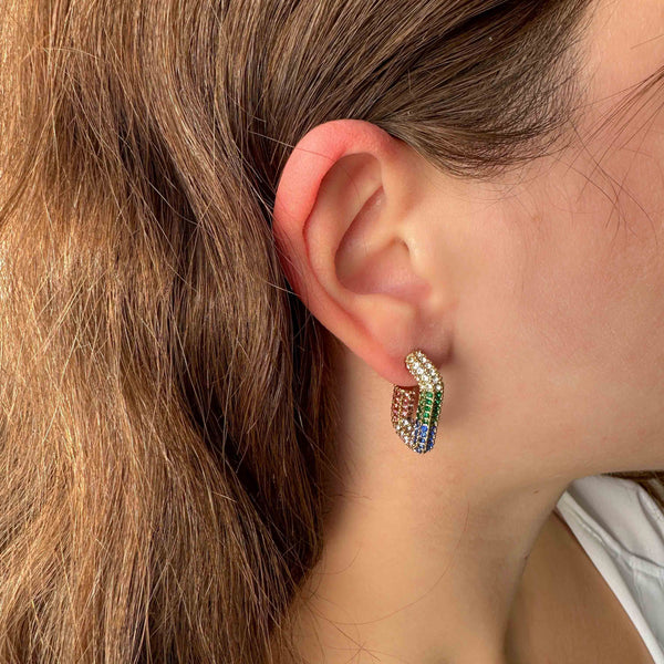 Χρυσοί Σκουλαρίκια με Πολύχρωμα Ζιργκόν σε Γεωμετρικό Σχήμα