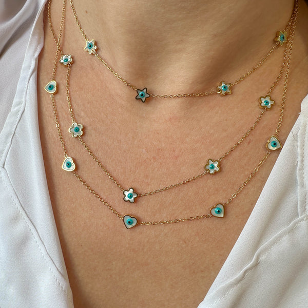 Χρυσό Κολιέ με Φίλντισι Ματάκια Λουλουδάκια – Κομψό Φυλαχτό Προστασίας