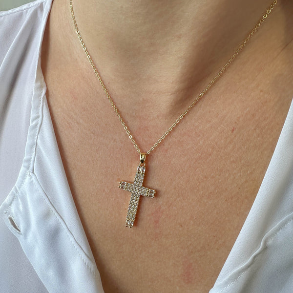 Χρυσό Κολιέ Σταυρός με Λευκά Ζιργκόν