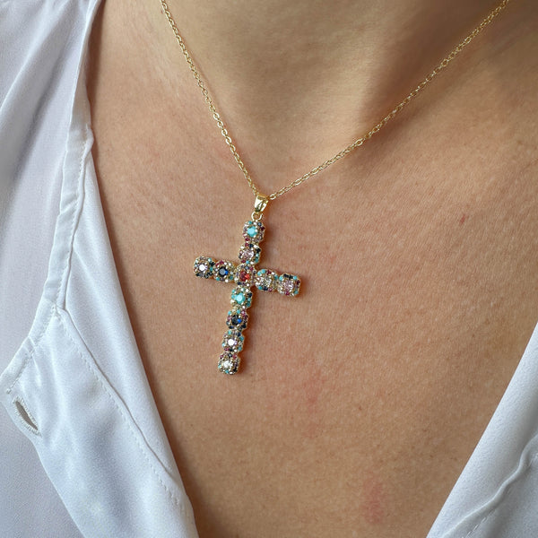 Χρυσός Σταυρός με Πολύχρωμες Πέτρες Ζιργκόν