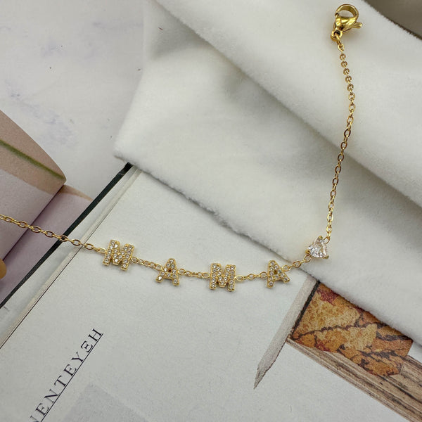 Χρυσό Βραχιόλι «ΜΑΜΑ» με Λευκά Κρύσταλλα – Κομψό & Συμβολικό Κόσμημα