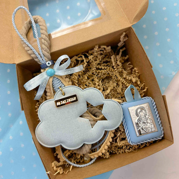 Σετ δώρου για νεογέννητο αγόρι με γούρι συννεφάκι & εικόνα Παναγίας