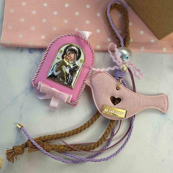 Σετ Δώρου για Νεογέννητο Κοριτσάκι με γούρι πουλάκι και εικόνα Παναγίας