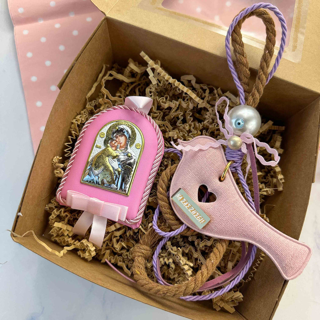Σετ Δώρου για Νεογέννητο Κοριτσάκι με γούρι πουλάκι και εικόνα Παναγίας