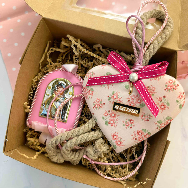 Σετ Δώρου για Νεογέννητο Κοριτσάκι με Καρδιά Γούρι & Εικόνα Παναγίας