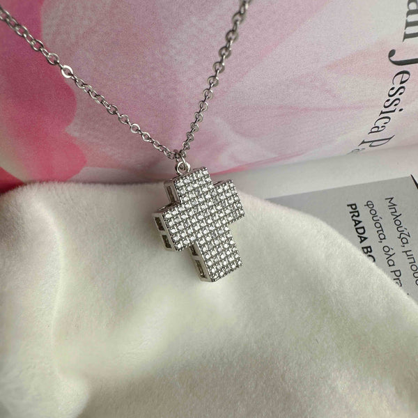 Επαργυρωμένη Ατσάλινη Αλυσίδα με Σταυρό και Λευκά Ζιργκόν