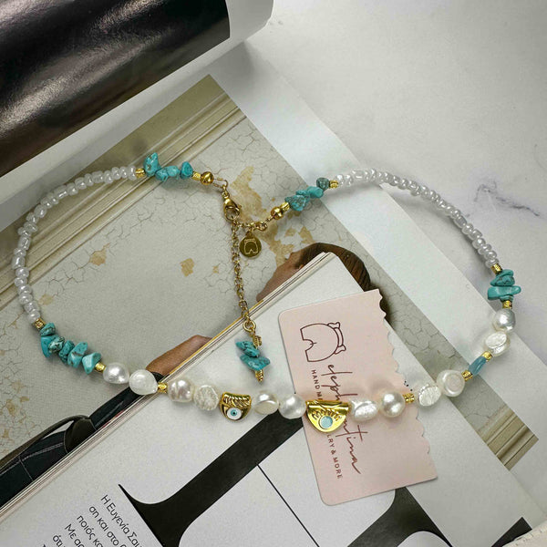 Κολιέ γαλάζιο ματάκι με μαργαριτάρια και τιρκουαζ χαολίτη