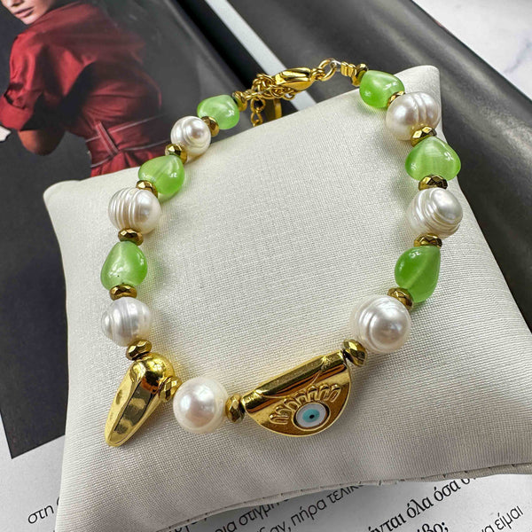 Χειροποίητο βραχιόλι Μαργαριτάρια Καλλιέργειας, Λαχανί Cat's eye καρδιές και Επίχρυσο Στοιχείο