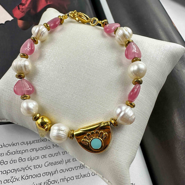 Χειροποίητο βραχιόλι Μαργαριτάρια Καλλιέργειας, Ροζ Cat's eye καρδιές και Επίχρυσο Στοιχείο