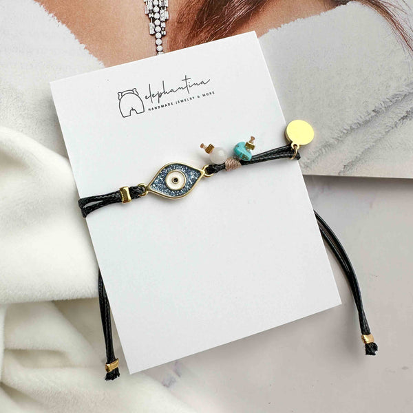 Βραχιόλι macrame με δέρμα και ματάκι σμάλτο glitter