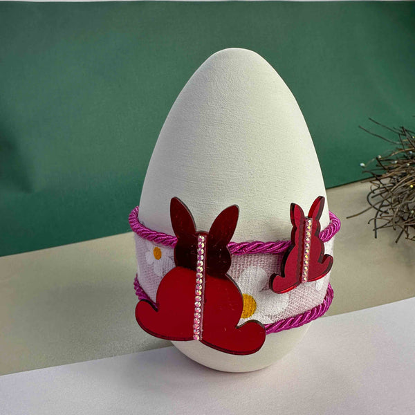 Χειροποίητο Κεραμικό Πασχαλινό Αυγό με Κόκκινα Λαγουδάκια & Στρας