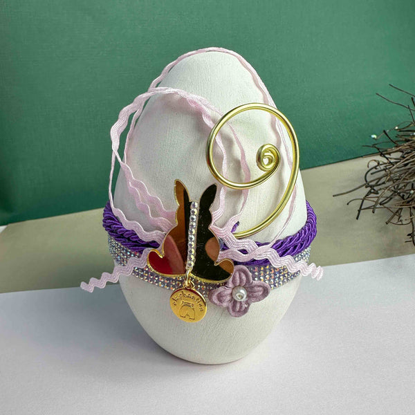 Χειροποίητο Κεραμικό Πασχαλινό Αυγό με Λαγουδάκι, Χρυσή Σπείρα & Ανοιξιάτικες Κορδέλες