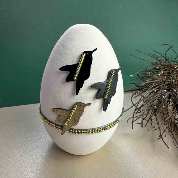 Χειροποίητο Κεραμικό Πασχαλινό Αυγό με Διακοσμητικά Χελιδόνια & Λαμπερά Στρας