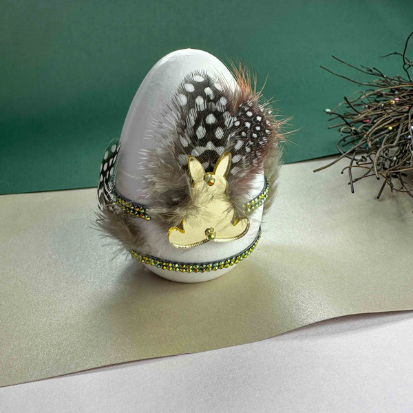 Χειροποίητο Κεραμικό Πασχαλινό Αυγό με Χρυσό Λαγουδάκι & Πουπουλένια Διακόσμηση