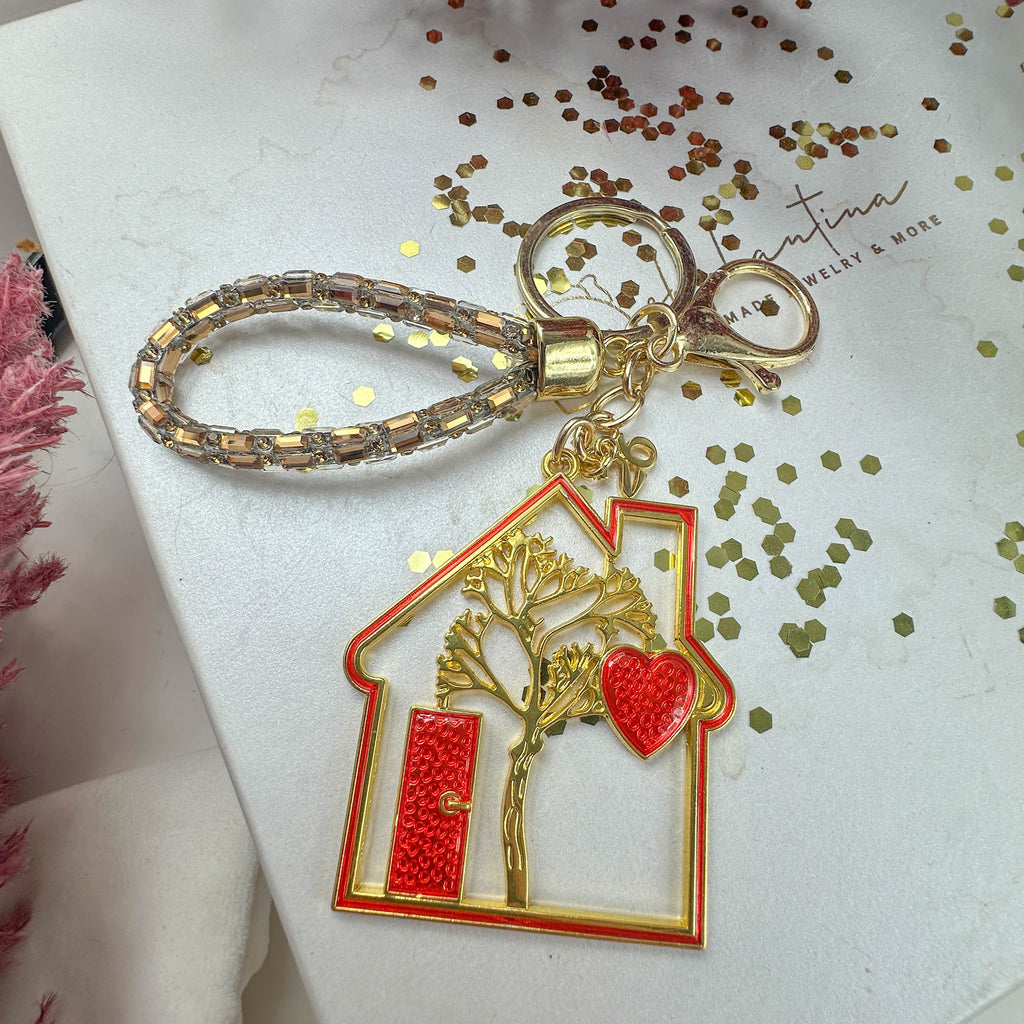 Γούρι Μπρελόκ Σπίτι με Δέντρο Ζωής & Καρδιά σε Κόκκινο Σμάλτο