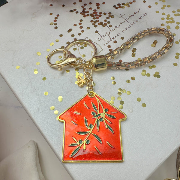 Γούρι Μπρελόκ Σπίτι Κόκκινο με Κλαδί Ελιάς & Χρυσές Λεπτομέρειες