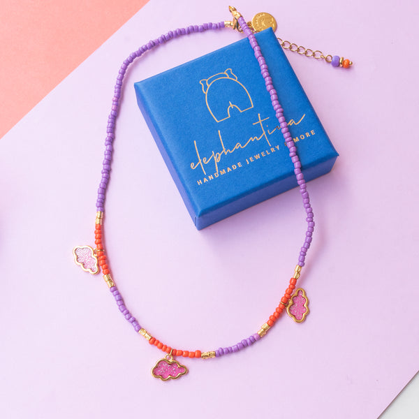 Κολιέ σύννεφο με μωβ & πορτοκαλί χάντρες