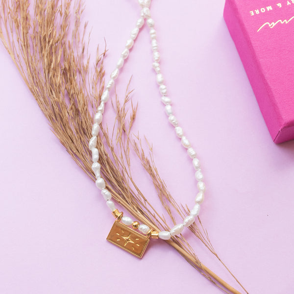 Κολιέ ταυτότητα αστέρι 24Κ με μαργαριτάρια