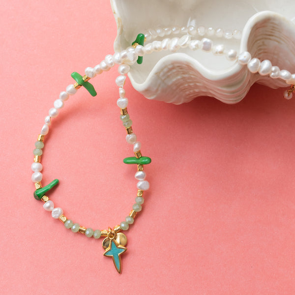 Κολιέ μπλε σταυρός 24Κ με μαργαριτάρια & κοράλλι