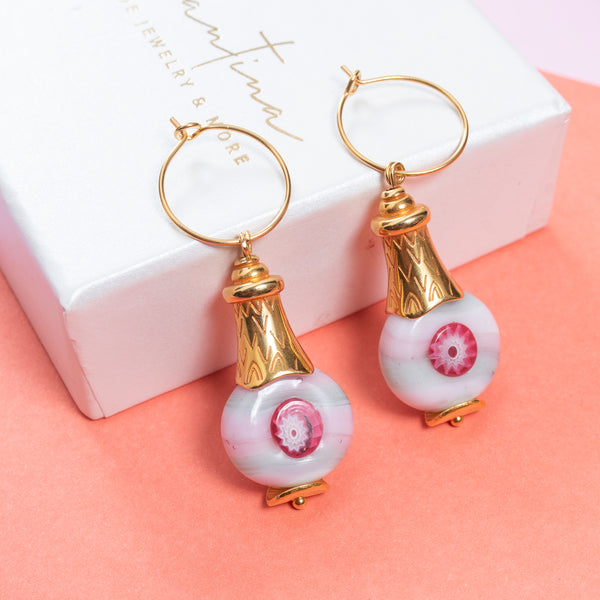 Σκουλαρίκια κρίκοι με murano γυάλινες ροζ πέτρες