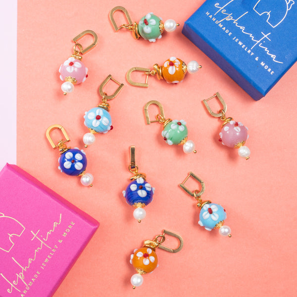 Σκουλαρίκια Flower & Pearl με τύπου murano πέτρες