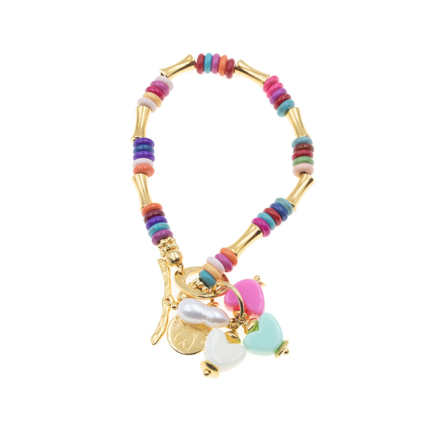 Βραχιόλι με ροδέλες από Χαολίτη και κρεμαστές καρδιές